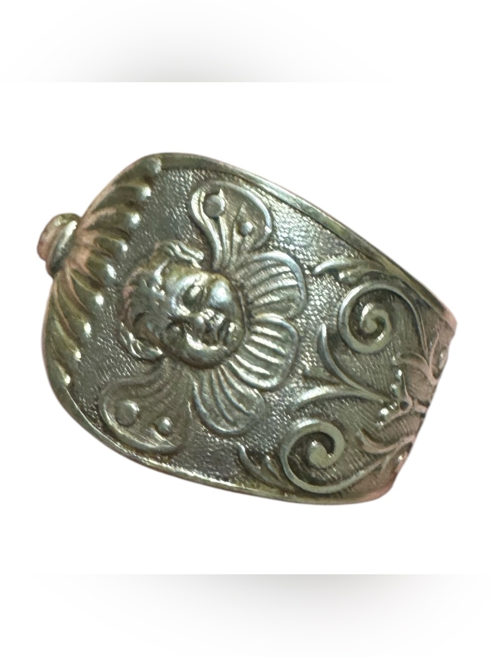 Antique Sterling Silver? European Floral Relief Cherub Ring Sz 7